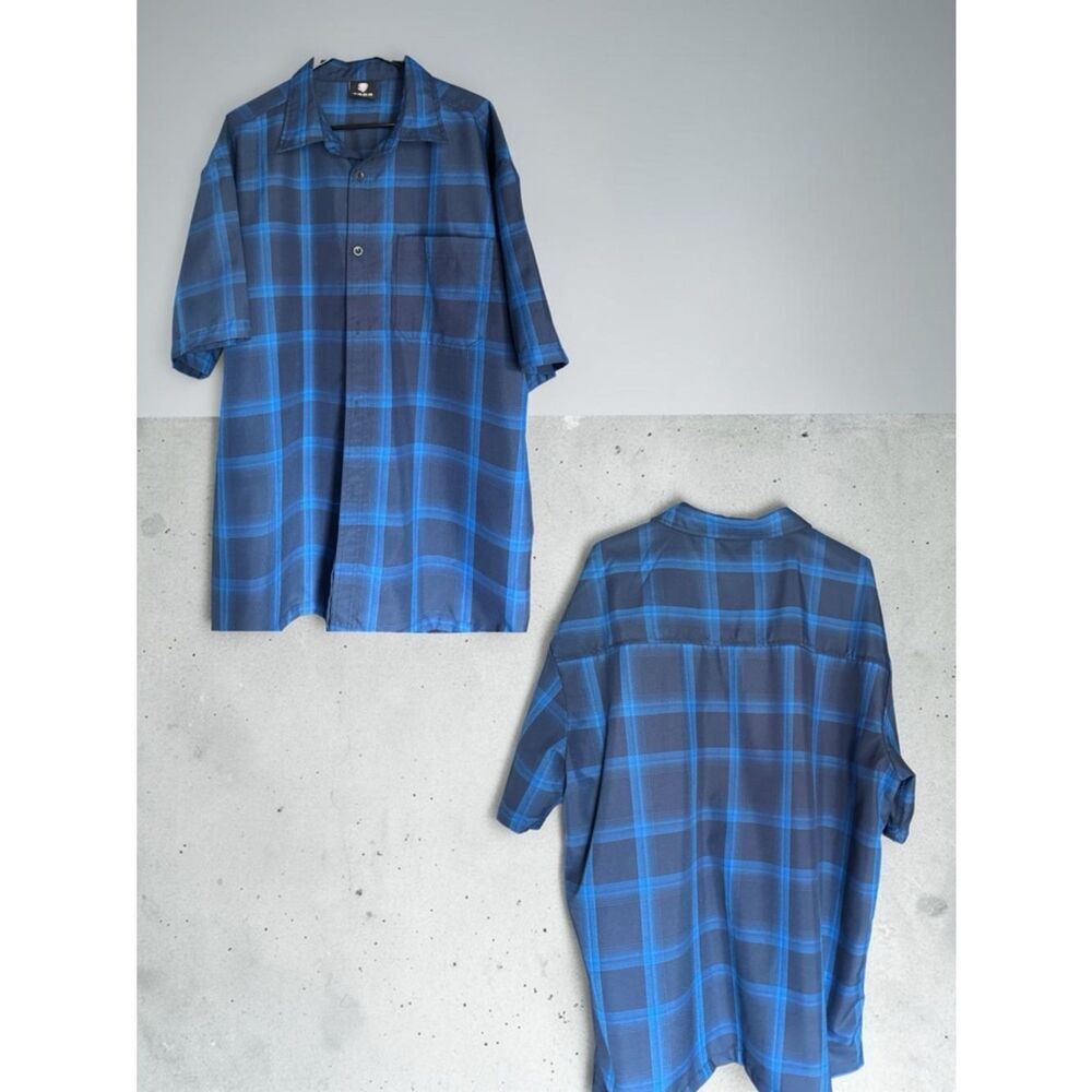 YAGO l Men's Blue Plaid Short-Sleeve Button-Down Shirt l One-pocket l 2X